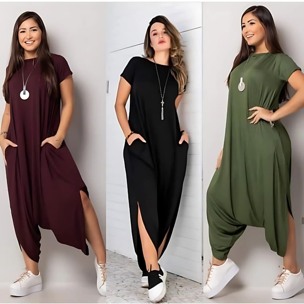 Macacão feminino saruel longo soltinho com manga curta moda plus size de viscolaycra