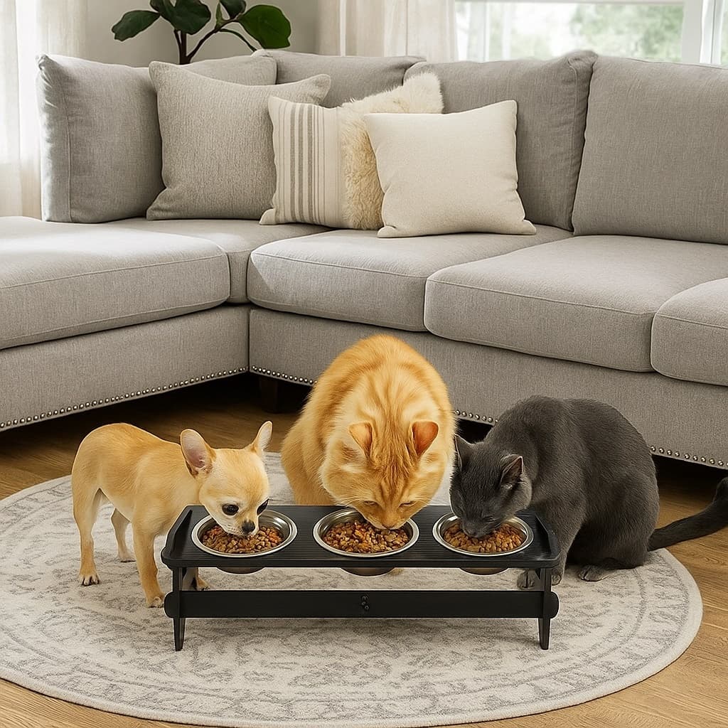 Comedouro Triplo Elevado Com TAMPAS Para Cães e Gatos + Tigelas Inox
