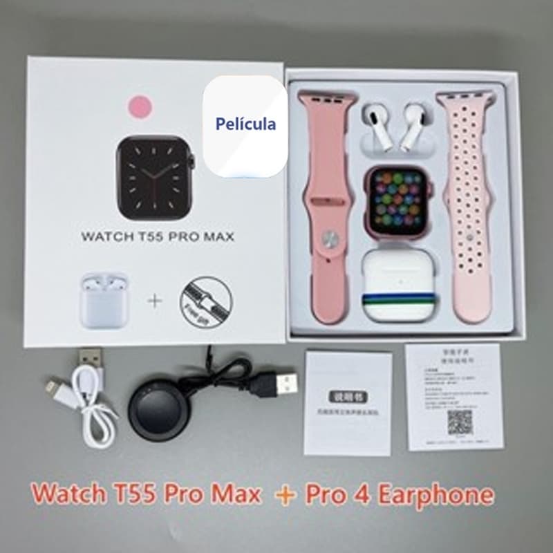 T55 Pro Max Smart Watch Com 4 Earbuds Set Hot-sale 2 Alças Bluetooth Chamada De Papel De Parede Personalizado