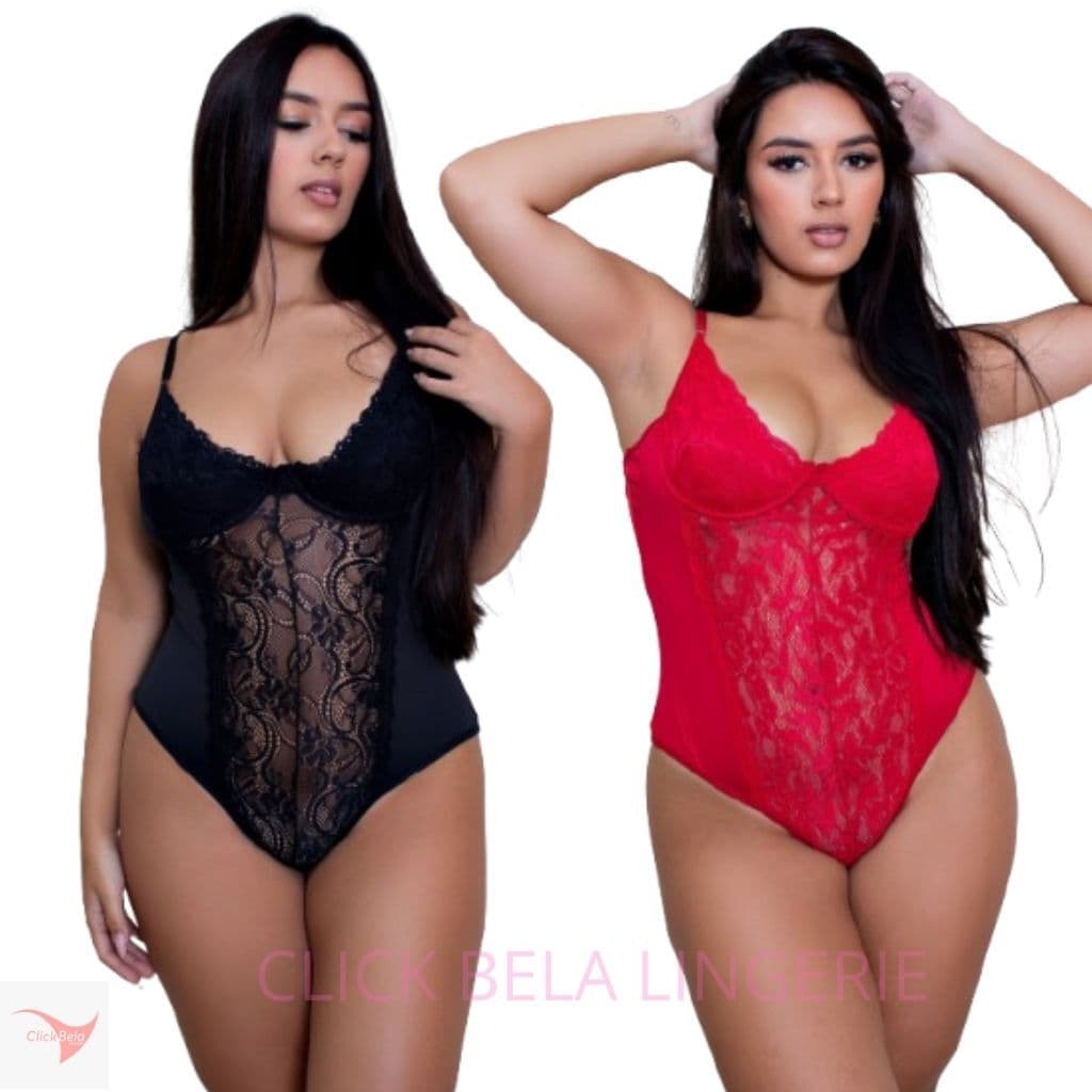 Kit Com 2 Body LiLy com Abertura em Renda Lingerie Luxo Sem Bojo