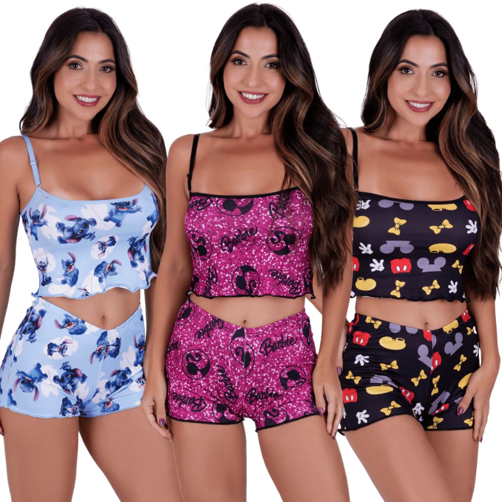Kit 3 Conjunto Pijama Short Doll Baby Doll Alça Regulavel Feminino Estampado Sem Bojo Roupa