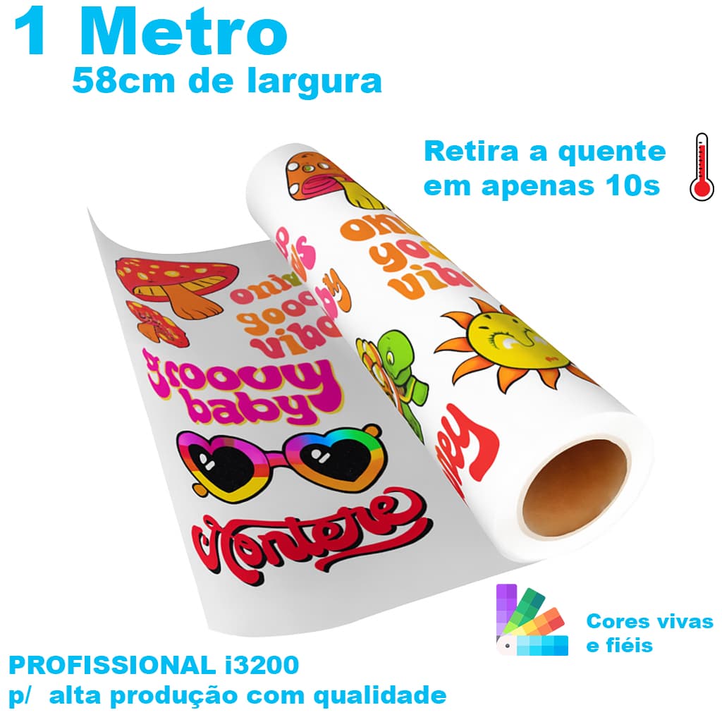 DTF Têxtil 58cm x 1 Metro - Alta Qualidade i3200 estampa para camisetas blusas qualquer tecido retira a quente envio 24h