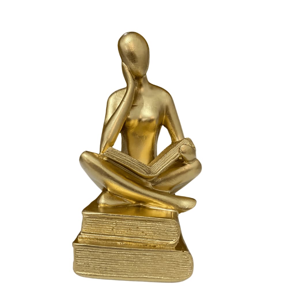 Estatueta Minimalista Pensador Com Livro Escultura Decorativa Luxo Dourado Escritório Casa Sala