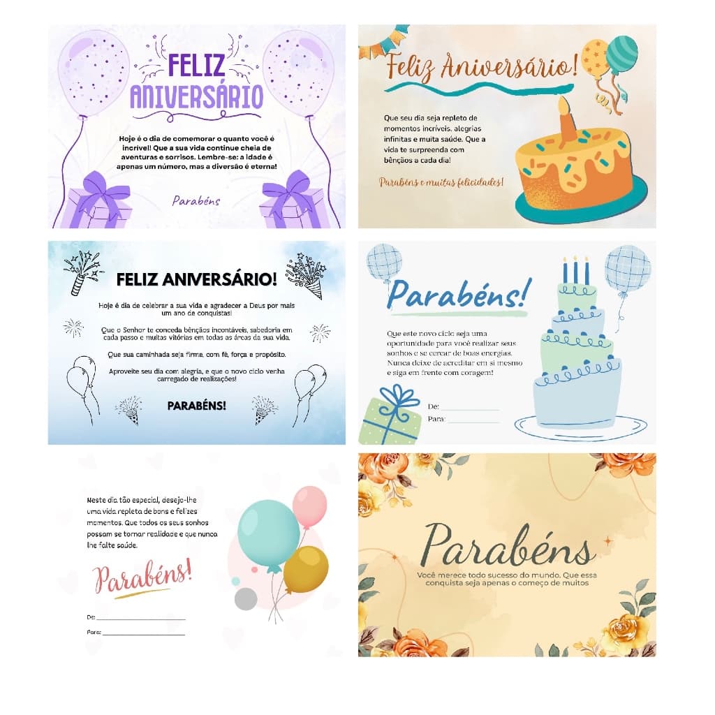 Cartão de Feliz aniversario 25/50/100/unidades com ou sem envelopes