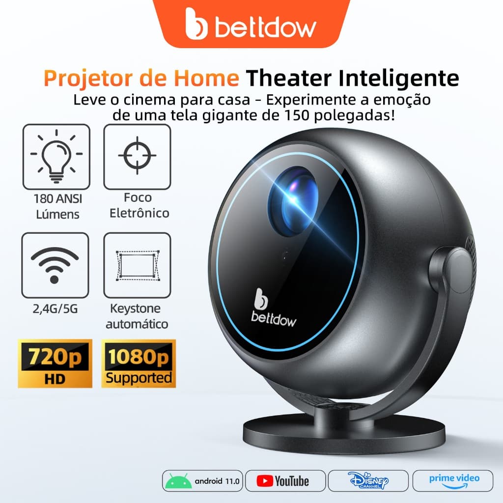 Projetor portátil BETTDOW, projetor de domo 360° 1080P 180ANSI, Bluetooth 5.0, Netflix grátis, foco motorizado rotativo