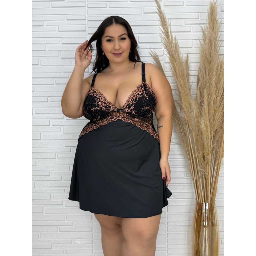Camisola Plus Size Renda Bicolor Microfibra Tamanho Especial Noite Dormir