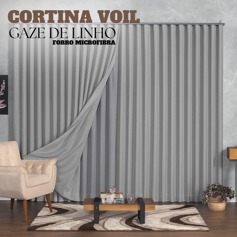 Cortina Voil Linho Sala Quarto 6,00mx2,30/2,40/2,50/2,60/2,70/2,80 Forro de Microfibra Trilho Suíço