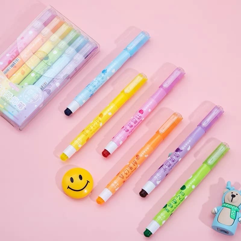 Caneta Marca texto 6 Cores Frutas Coloridas Ponta ajustável