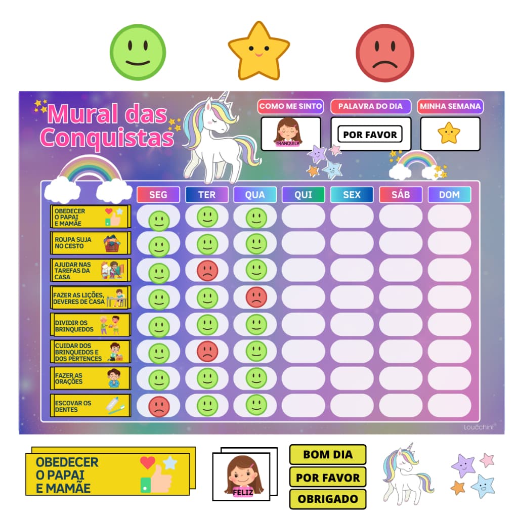 Quadro das Conquistas – Rotina Diária Infantil Tema Unicórnio