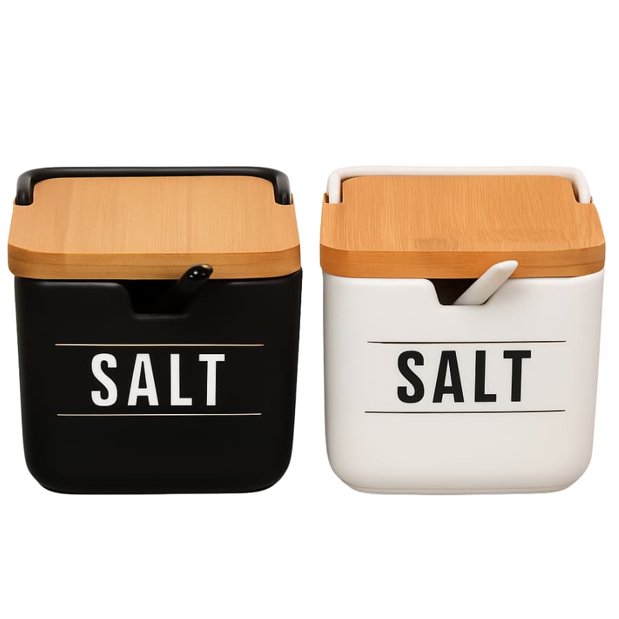 Saleiro Manhattan de Porcelana com Tampa Bambu e Colher 270ml Hauskraft | Porta Sal Temperos Preto/Branco