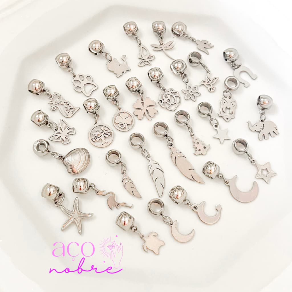 Berloques Aço Inox 43 Modelos Disponíveis Pingentes Coração Animais Bike Arvoré Trevo Da Sorte