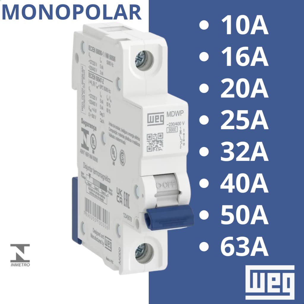 Disjuntor Monopolar 10A 16A 20A 25A 32A 40A 50A e 63A Din Curva C Residencial WEG