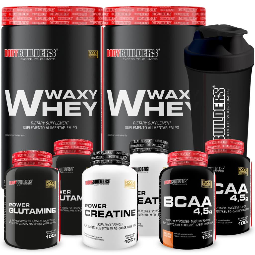 Kit 2x Waxy Whey 900g + 2x BCAA + 2x Creatina 100g + 2x Glutamina 100g + Coqueteleira - Bodybuilders