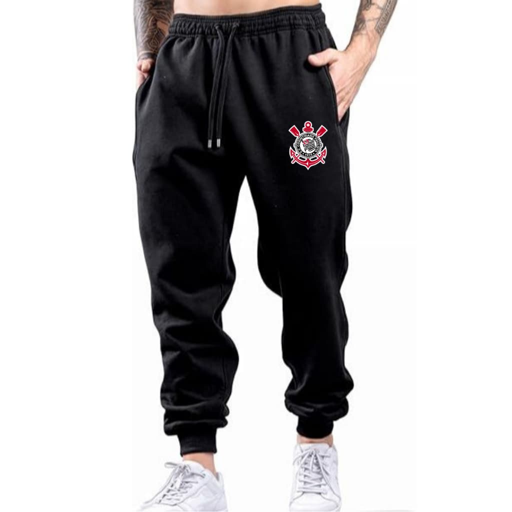 Calça Moletom Jogger Algodão Flanelada Unissex Feminino Masculino Preto Estampado Corinthians