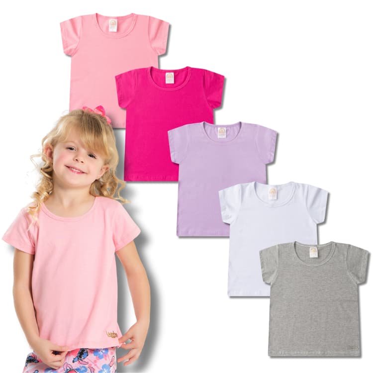 Kit Sortido Blusa Manga Curta Lisa Escolar Feminina/Menina Infantil e Juvenil do 4 ao 16 - Camiseta