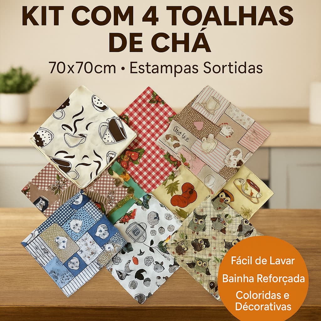 Kit Toalha de Chá com 4 Peças 70cm x 70cm
