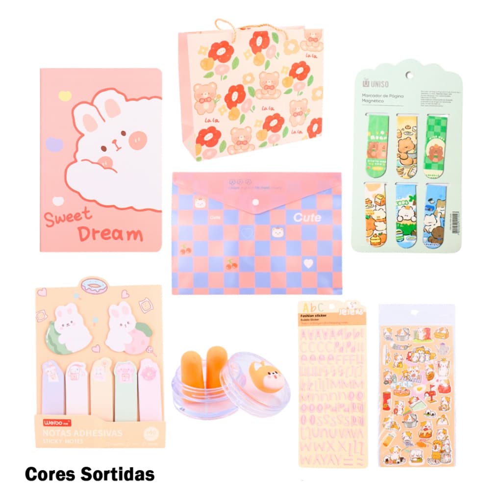Kit Papelaria Fofa Itens Criativos Kawaii Cores e Estampas Diversas de Animais - Uniso