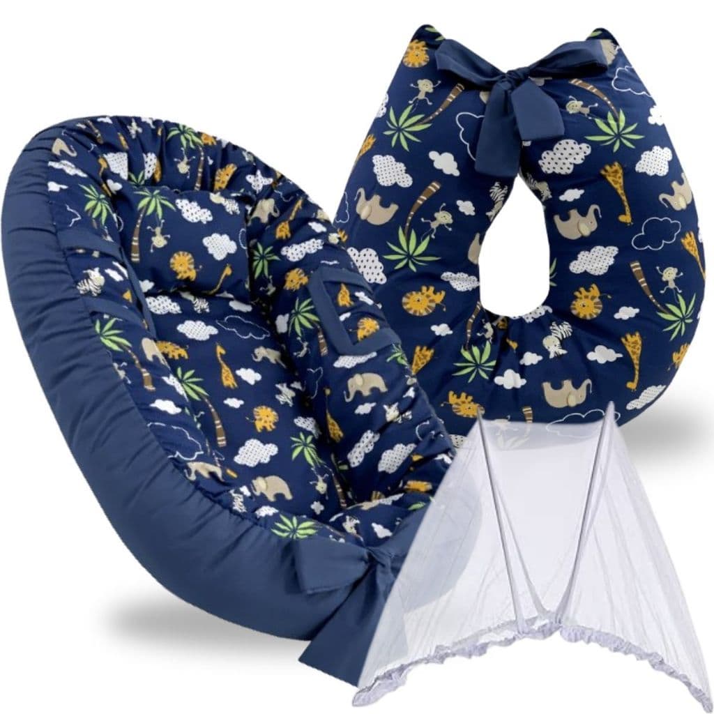 Ninho Redutor Berço Bebe Almofada Amamentação Mosquiteiro Kit 3 Peças Menina Menino Safari Rosa Azul