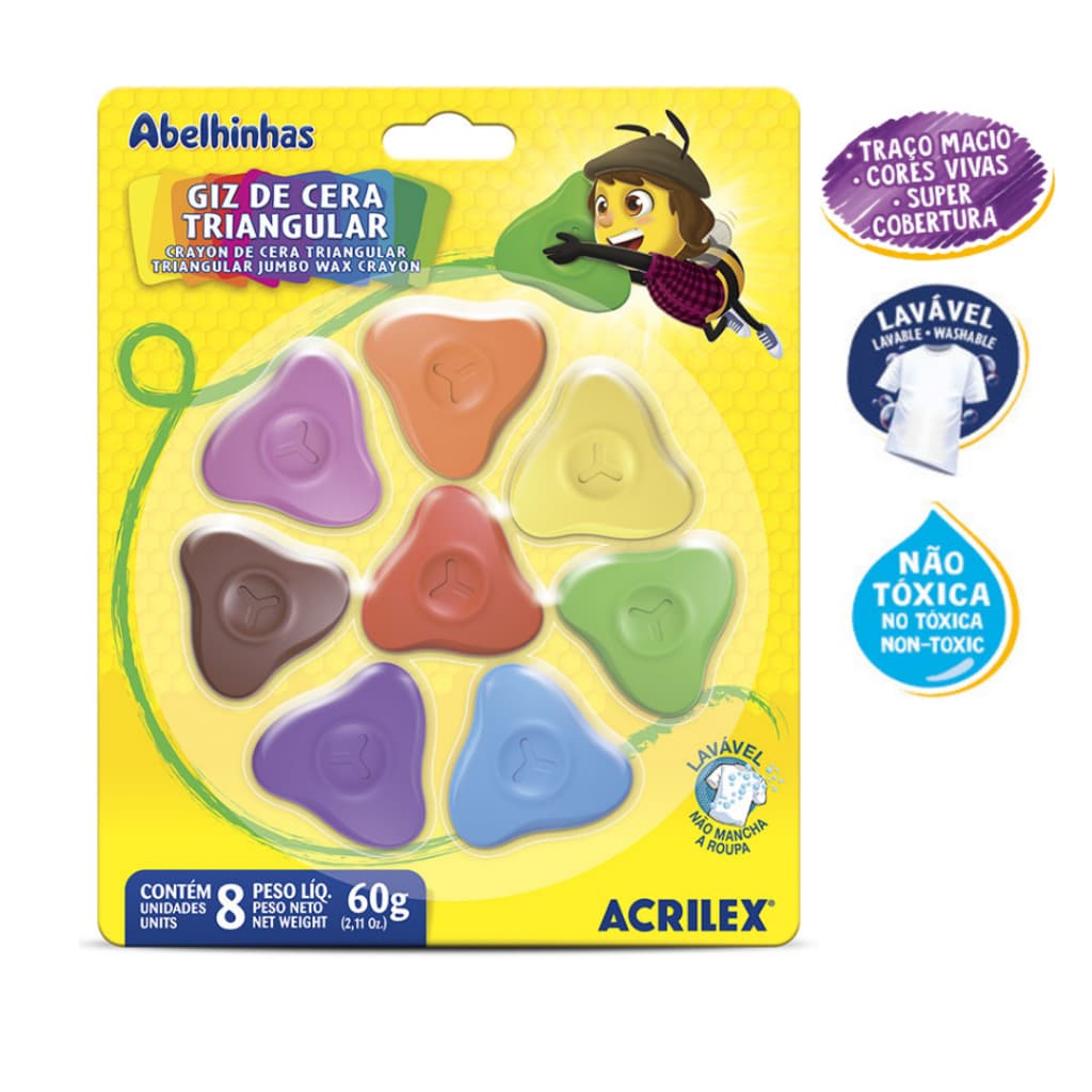 Giz de Cera Triangular 8 Cores Traço Macio Atóxico Acrilex