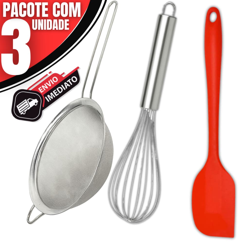 Kit Utensílios Cozinha Inox – Espátula Pão Duro, Fouet e Peneira | Confeitaria