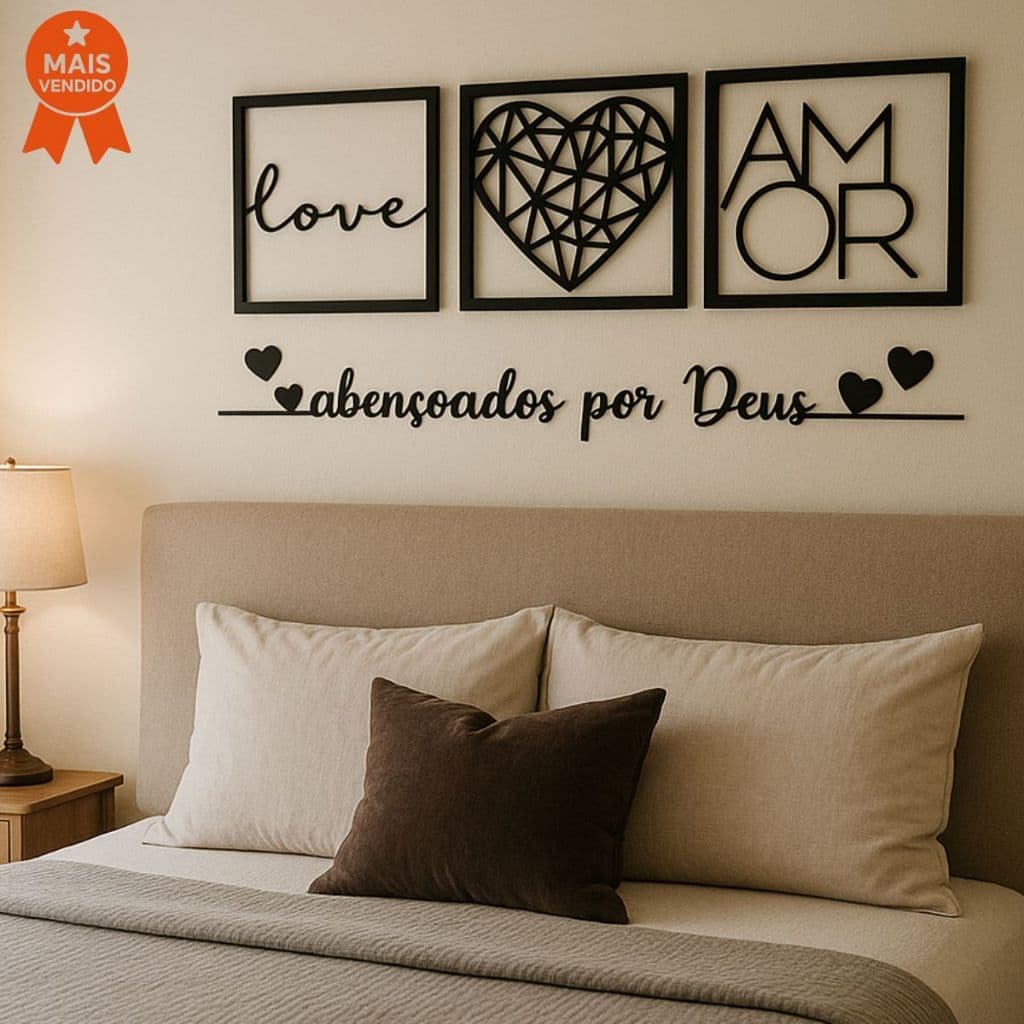 Kit 3 Quadros Cabeceira Amor Coração Geométrico + Frase Parede Abençoados Por Deus + 2 mini coração