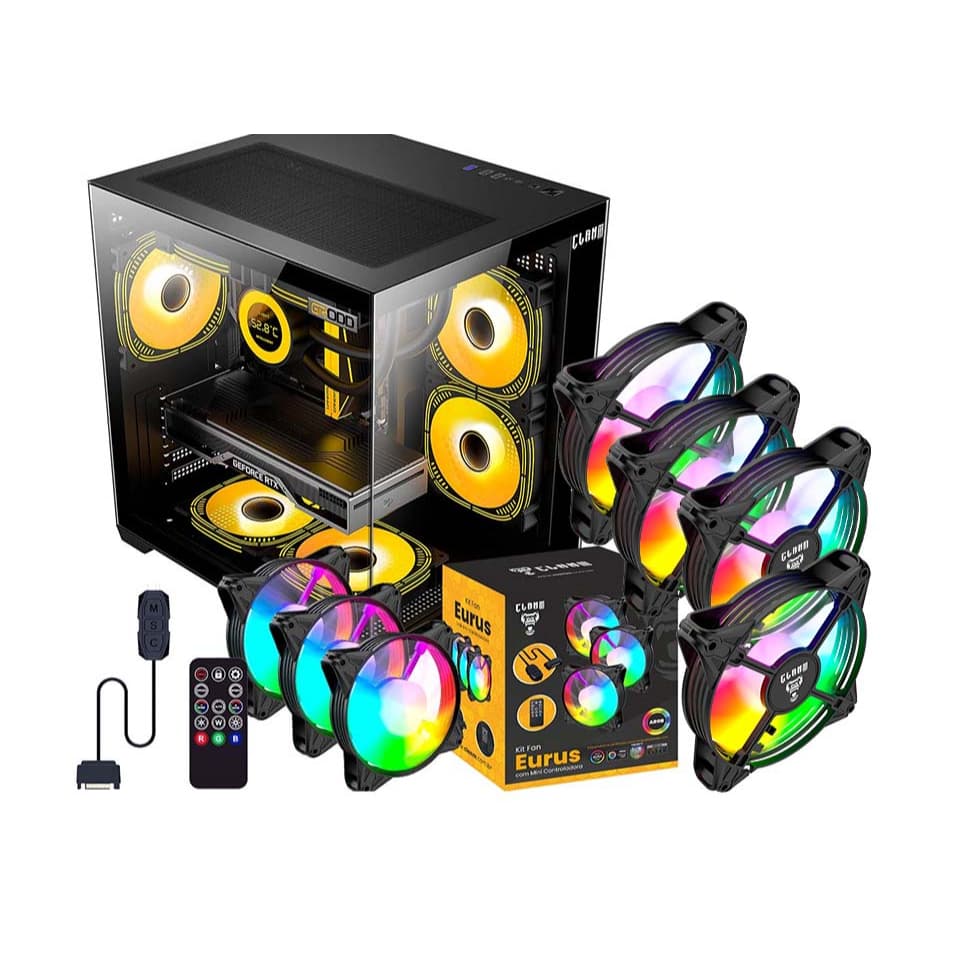 GABINETE GAMER NIGHT GRODD LATERAL VIDRO AQUÁRIO CLANM + 7 COOLER FAN EURUS ARGB 3PIN CONTROLADORA