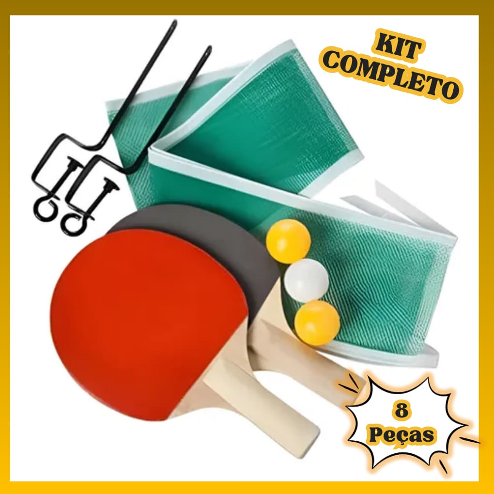 KIT 1/2 de kit Ping Pong Tênis de Mesa C/ 2 Raquetes Anatômicas, 3 Bolas, 1 Rede e 2 Suportes
