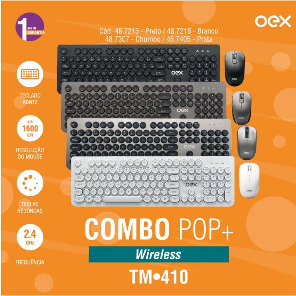 Kit Combo Teclado e Mouse Pop Sem Fio Oex TM410 1600 DPI Pratico Conexão Wireless Ergonômico
