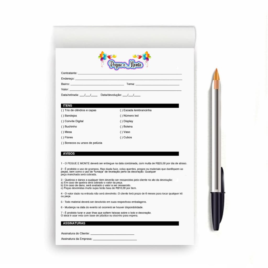 BLOCO CONTRATO PEGUE E MONTE FESTAS EVENTOS LOCAÇÃO COM 100 FOLHAS A5 14X21CM DESTACAVEL
