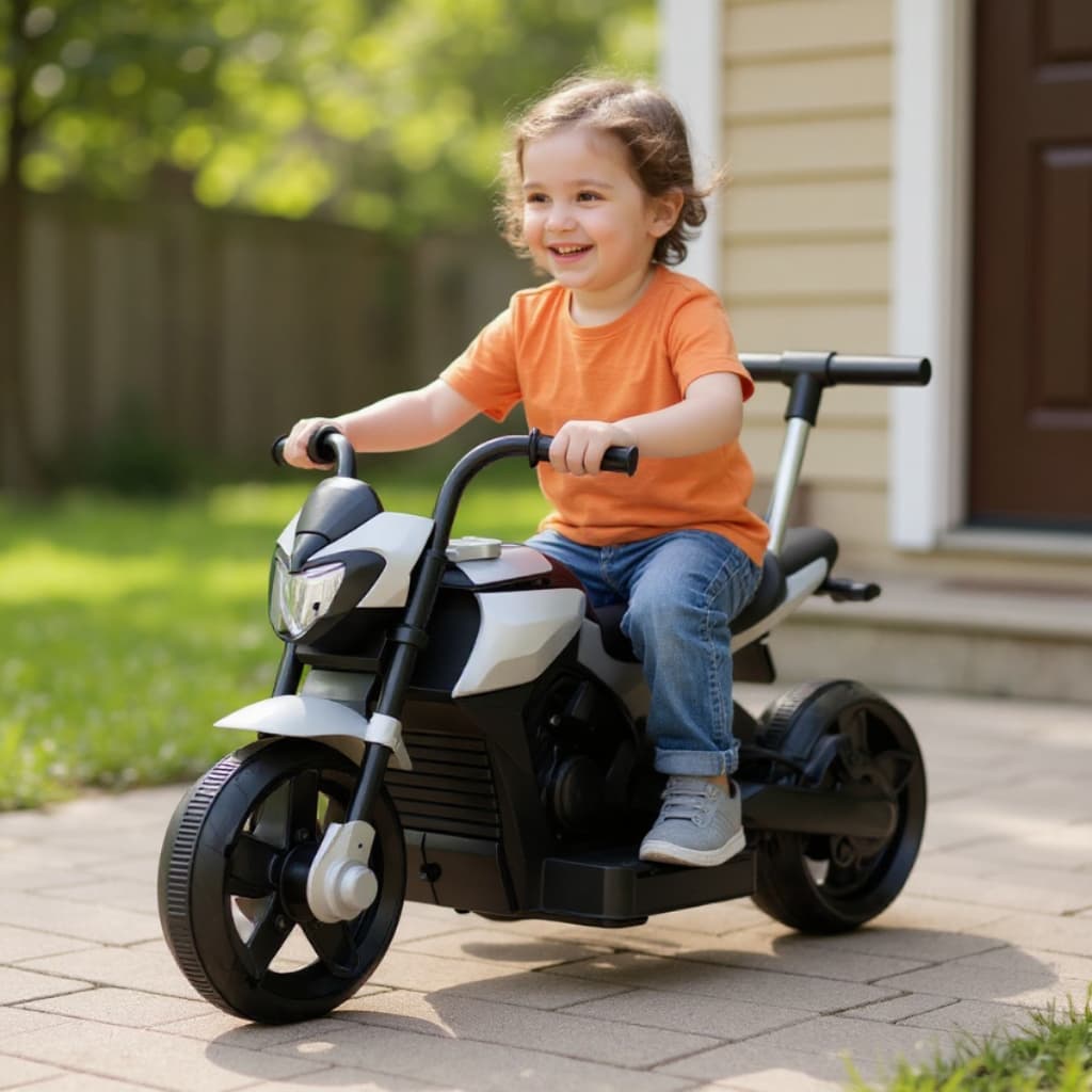 Mini Moto Infantil  Esportiva Recarregável Cinza Elétrica com Empurrador, Luzes e Sons para diversão