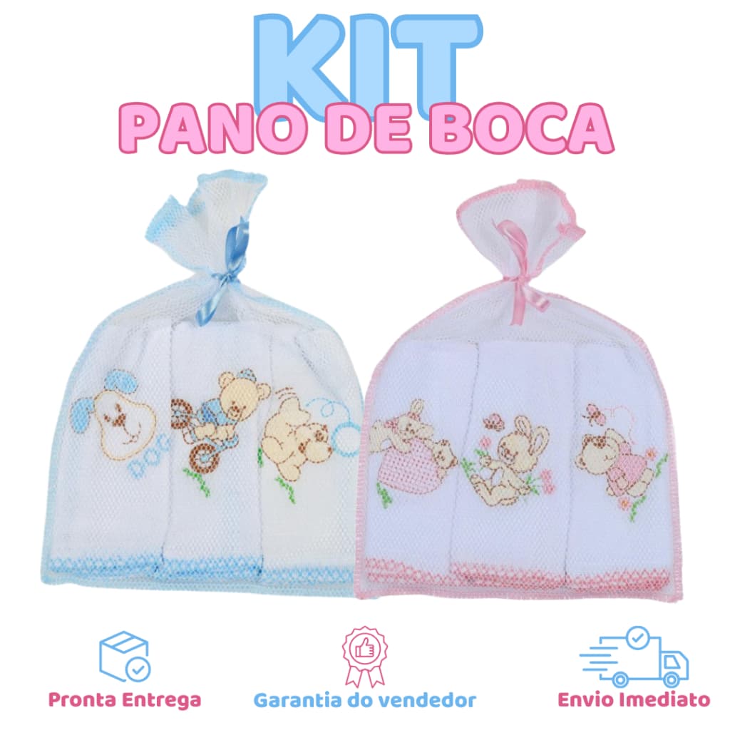 Paninho de Boca de Bebê Babete Fralda 3 Peças 100% Algodão