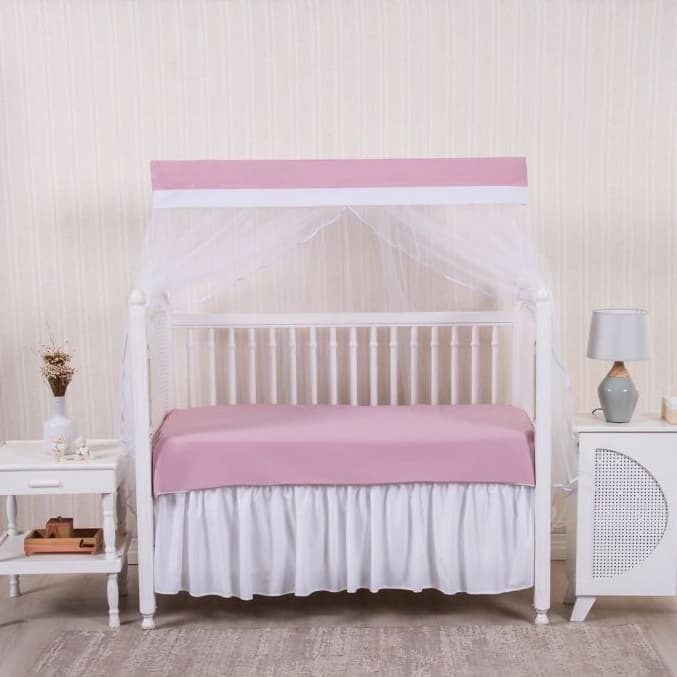 MOSQUITEIRO PARA BERÇO PADRÃO AMERICANO ROSE LISO COM DETALHE BRANCO TULE BRANCO LUXO