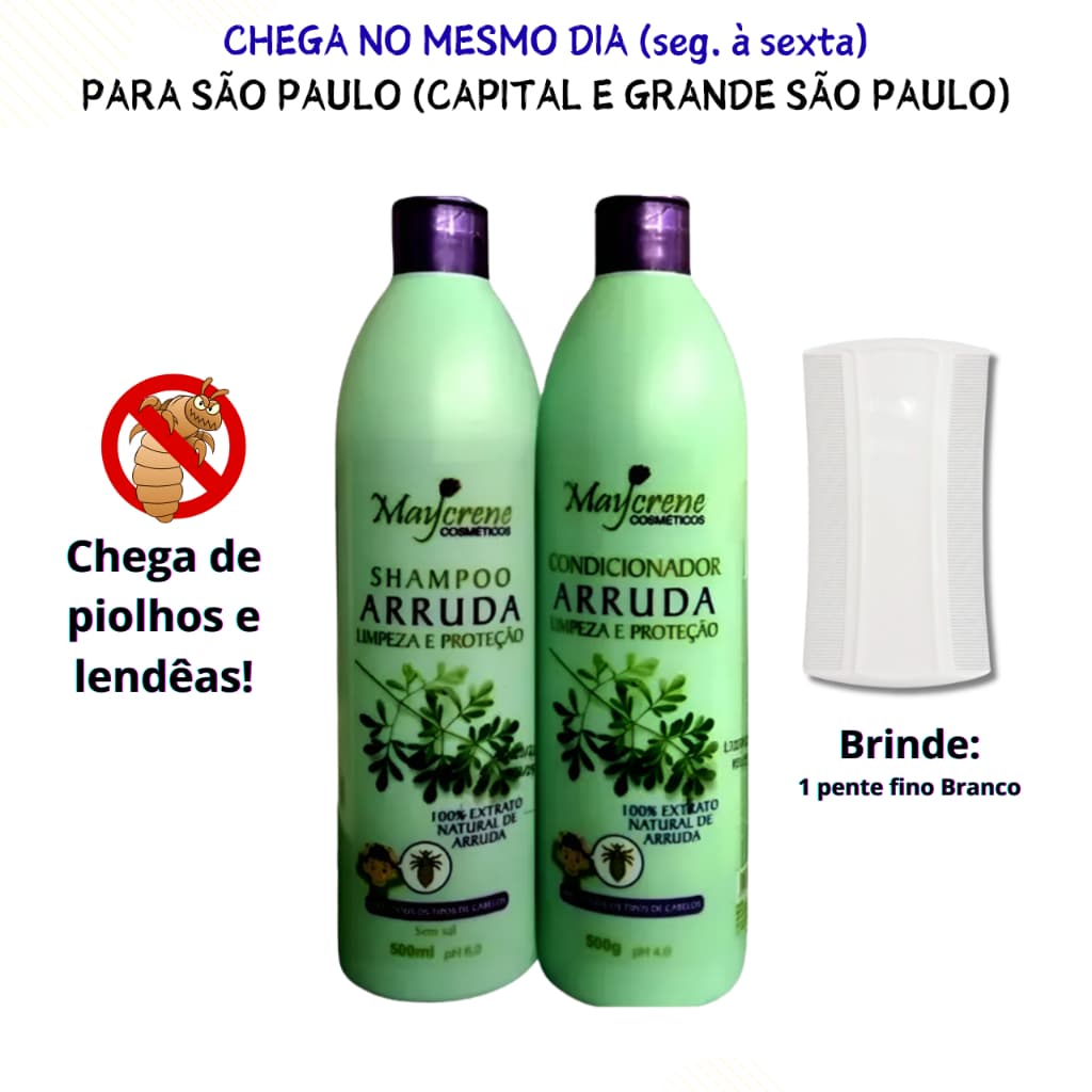 Kit Anti-Piolhos Maycrene com Arruda – Shampoo, Condicionador e Pente 500ml