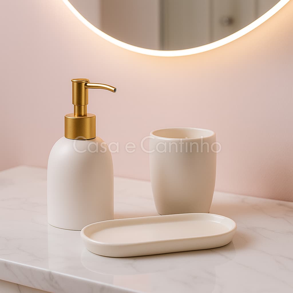 Kit 3 Peças de Banheiro Dispenser Porta Sabonete Liquido escova de Dente com bandeja