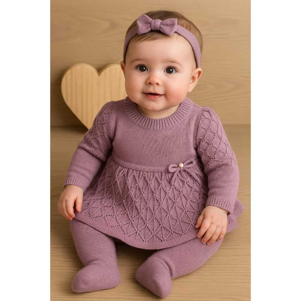 Conjunto Vestido Perola Calça Menina RN Récem Nascido Tricô infantil Bebê Tricot