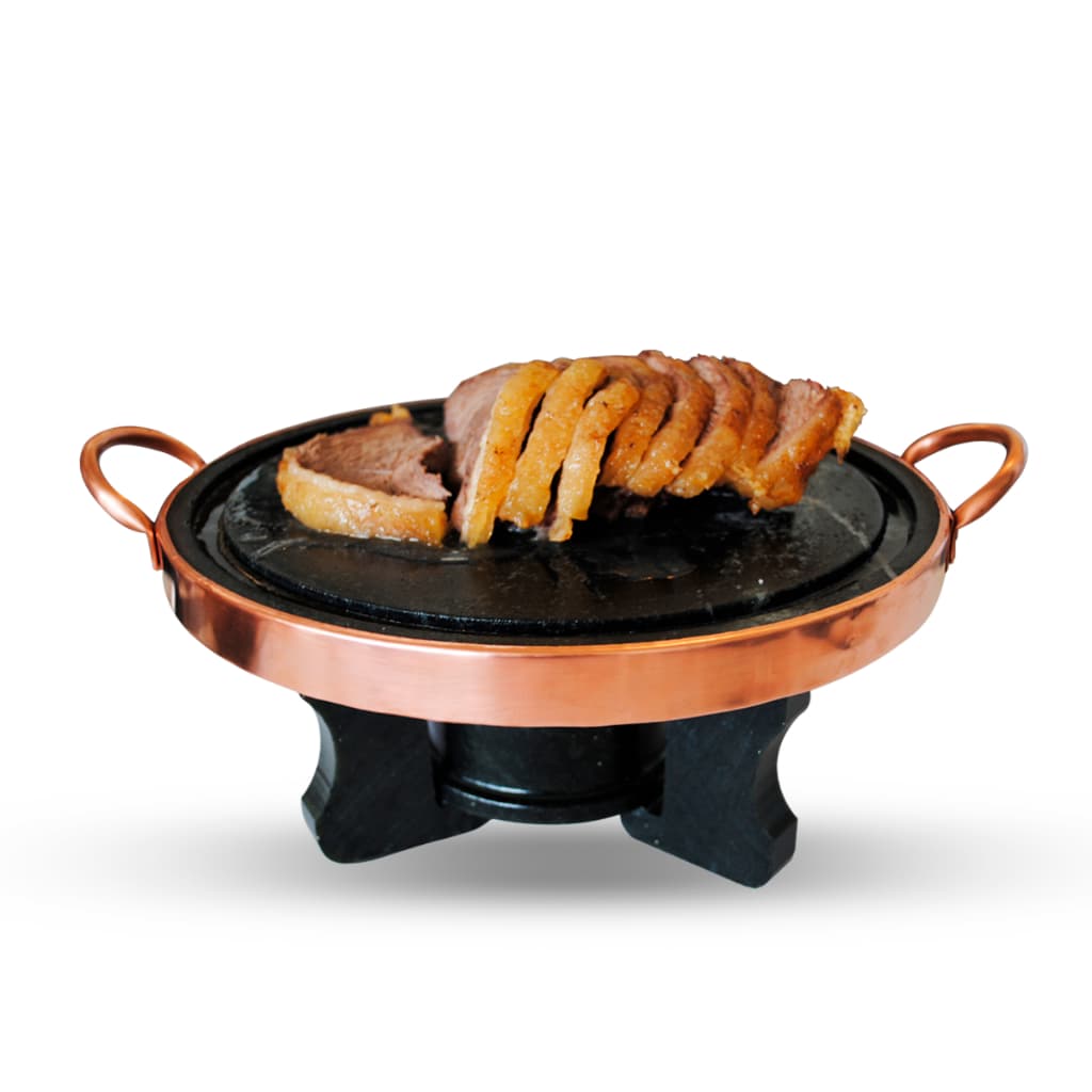 Kit Chapa 31 cm De Pedra Sabão Com Rechaud Para Assar Carne na mesa Sem bangunça sem fumaça