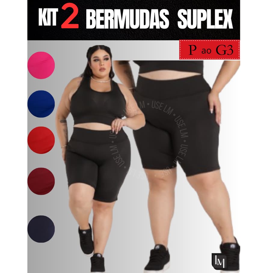 Kit 02 Bermuda Legging Feminina Cós Alto Suplex do P ao G3 Shorts Academia Corrida Plus Size Curve