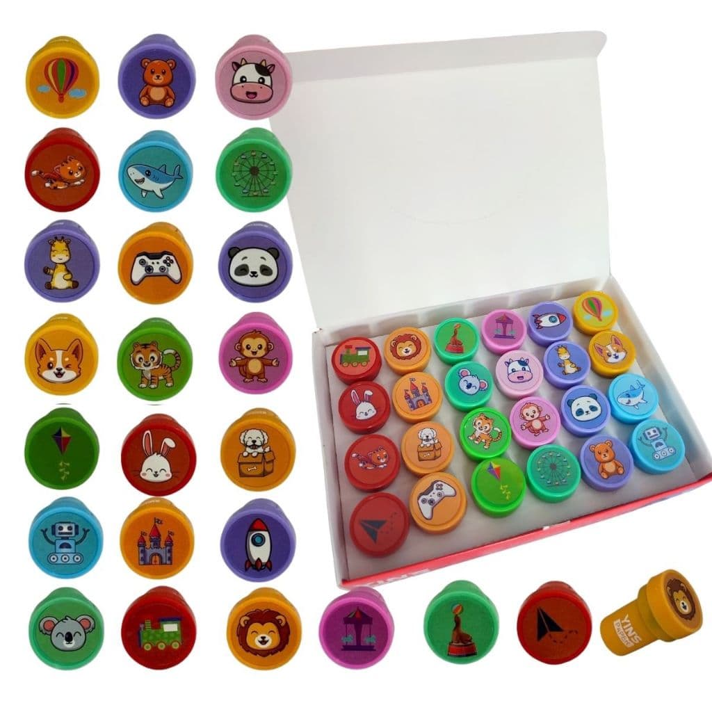 Kit Carimbos Infantil Pedagógico Fantasia e Aniversario 24 Unidades Tinta Colorido Exterior Colorido