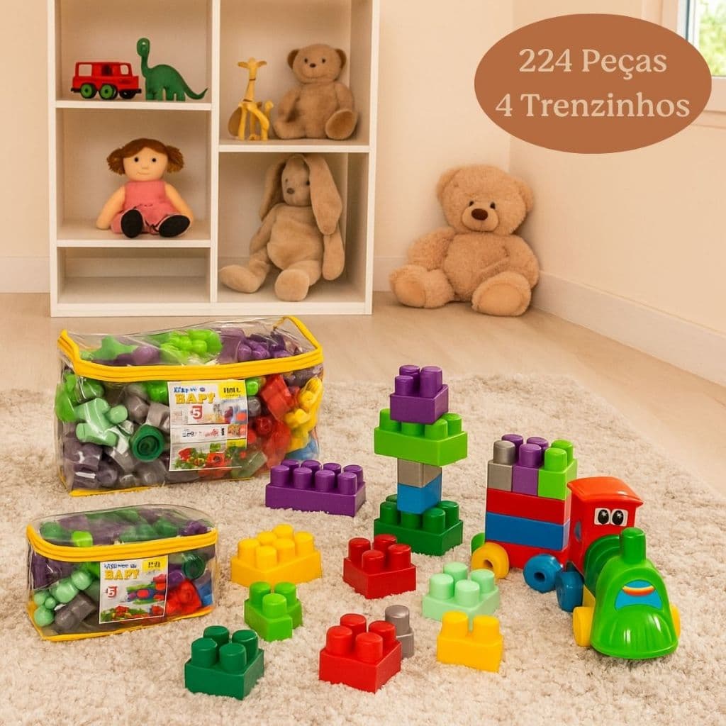 Blocos de Montar Infantil 224 Peças Baby Educativo com Trenzinho Bolsa Colorido Brinquedo Criativo Coordenação Motora