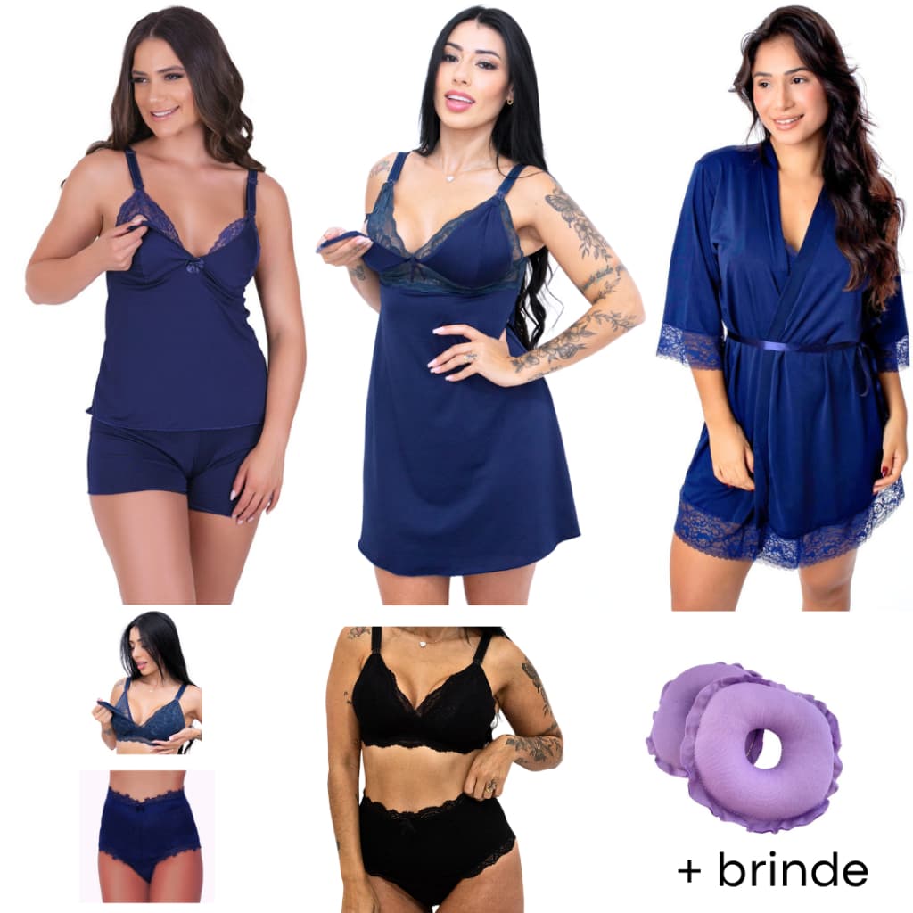 Kit pós parto Camisola Babydoll Robe Sutiã Amamentar  calcinha cós alto amamentação Protetor Seios