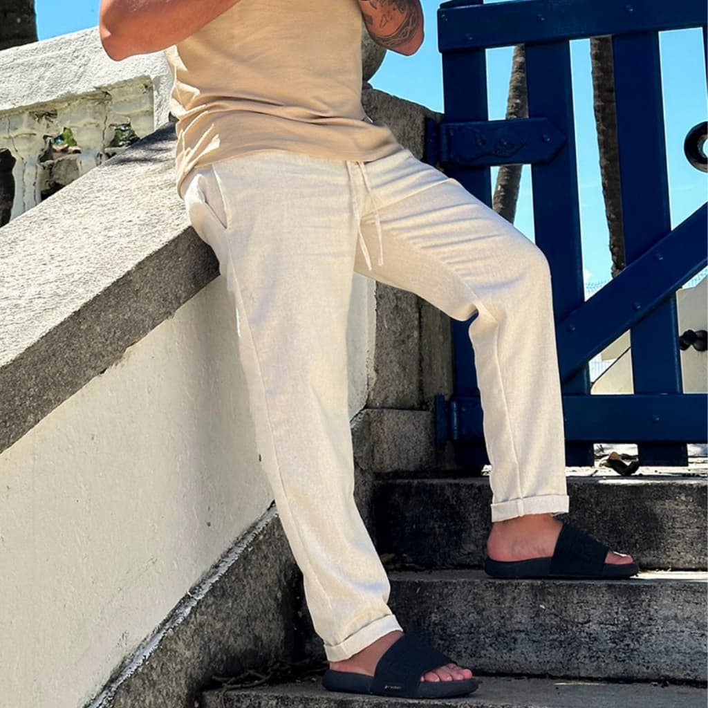 Calça De Linho Masculina Rústica Leve Bege Praia Cordão Ajustável Premium Verão Estilosa Moderna