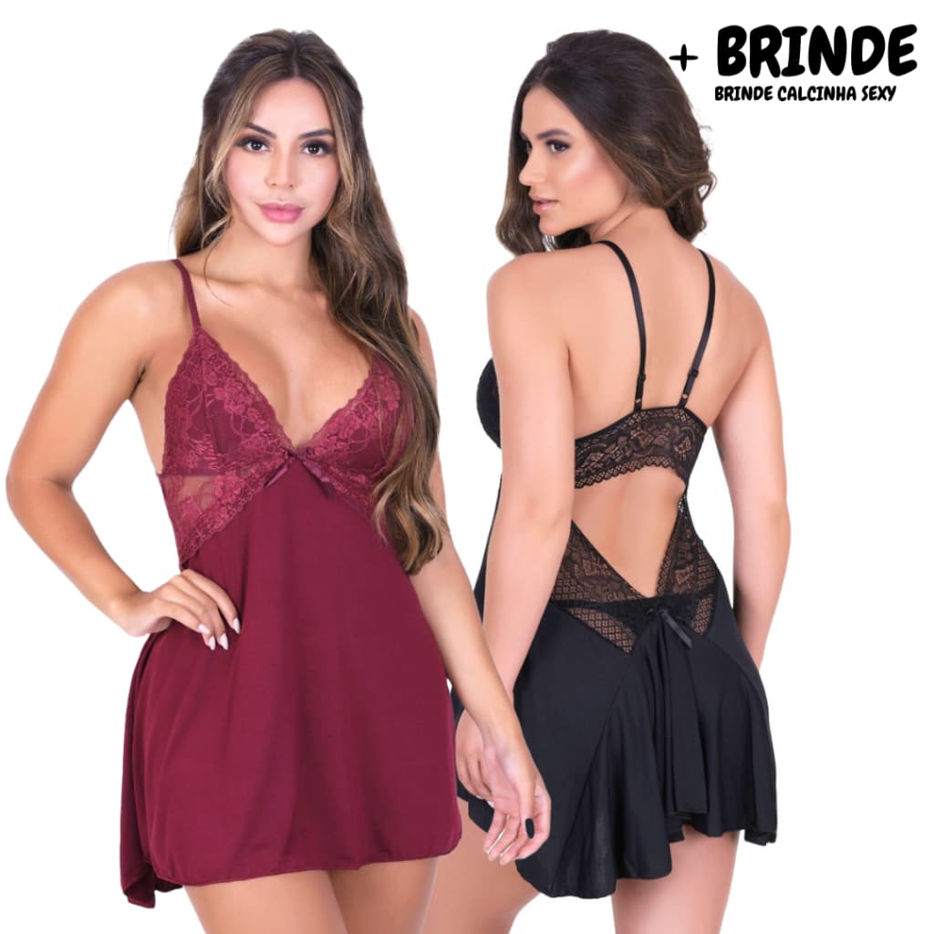 Camisola Sensual Rendada Sexy Com Regulagem e Costas Abertas Com Laço e Calcinha Fio Sexy