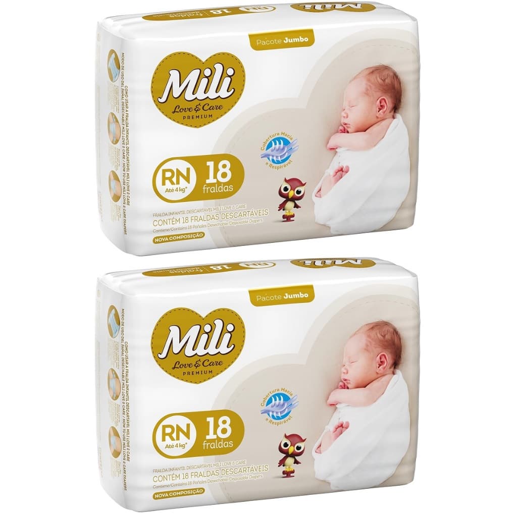 Kit 2ptes Fralda Mili Love & Care RN até 4 kg - 18un cada - Total 36un