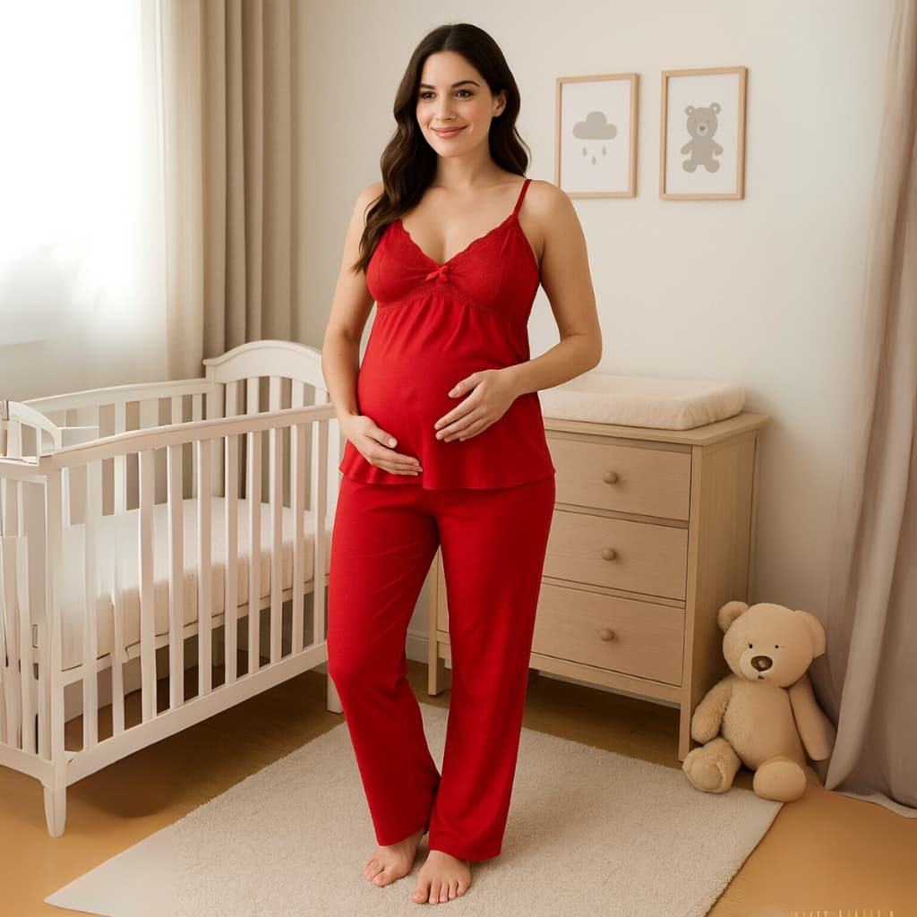 Pijama Amamentação com Renda e Blusa abertura em Click Alça Reforçada e CALÇA Maternidade.