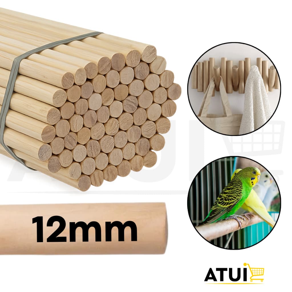 Kit 10 Cabo de Madeira Pinus 12mm Poleiro para Aves Bastão Vareta Artesanatos Banner Bandeira
