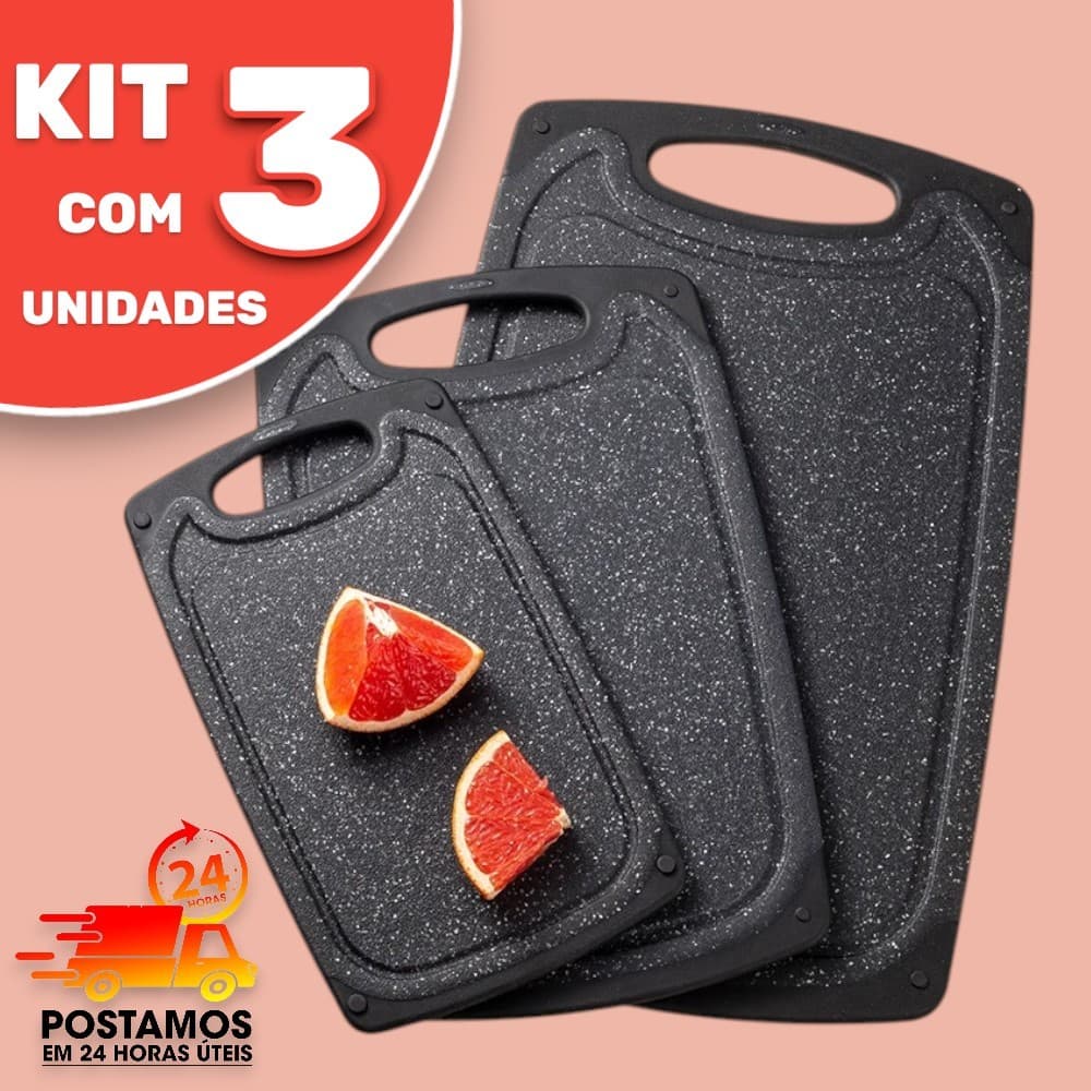 Kit 3 Tábuas de Corte Cozinha Antiderrapante com Canaleta – P, M e G