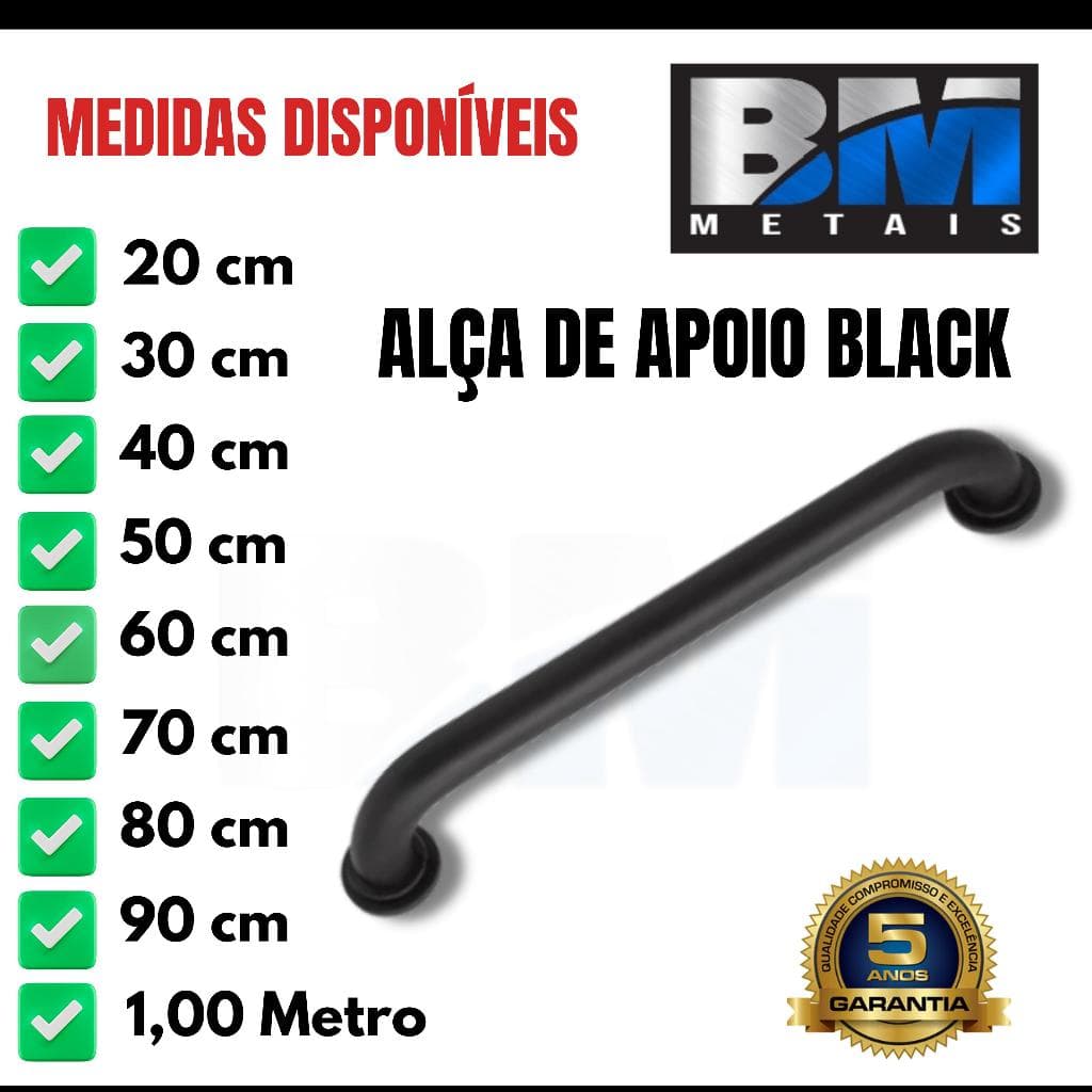 Alça de Apoio Preta para Banheiro e Segurança – Tamanhos de 20cm a 1 Metro