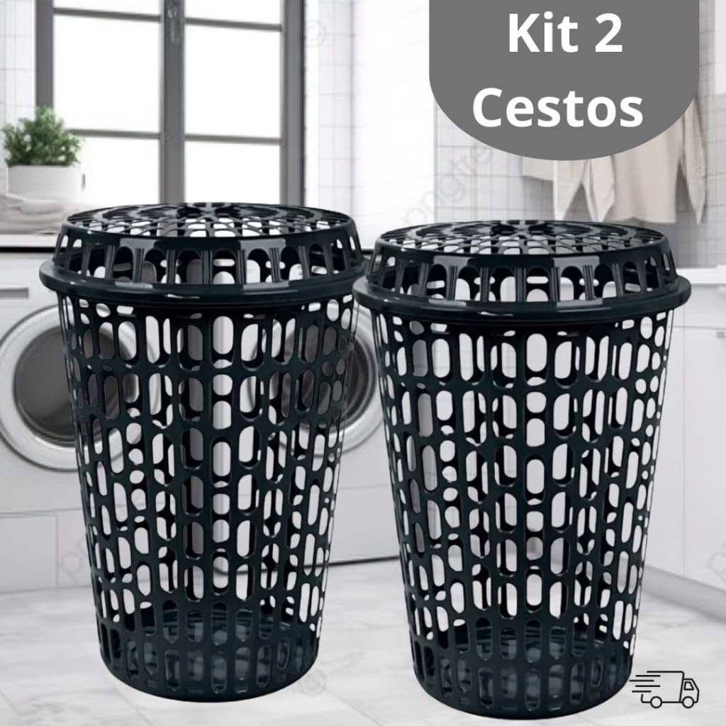 Kit 2 Cesto De Roupas Sujas Telado 60 Litros Com Tampa Preto