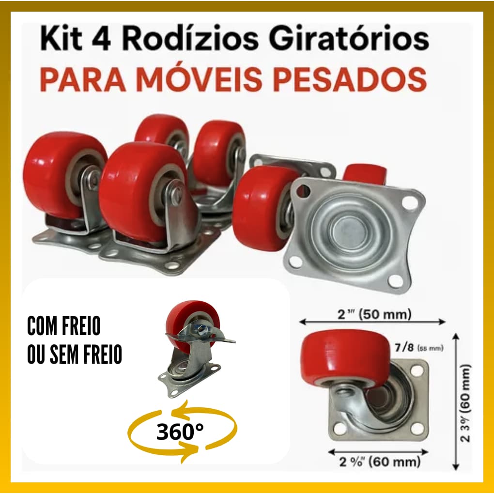 Kit 4 Rodízios Rodinha 400kg Giratório 50MM Sendo 4 Com Freio ou 4 Sem Freio
