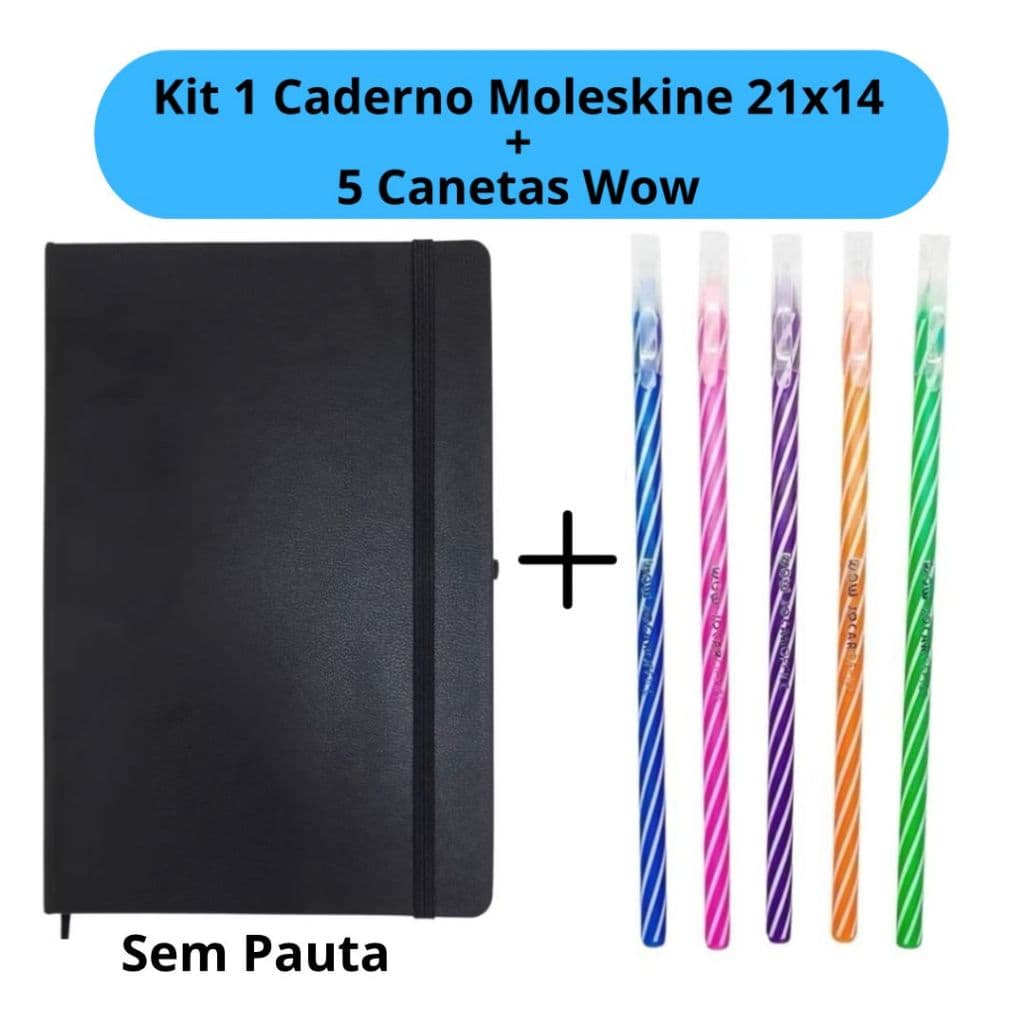 Kit Caderno Moleskine 21x14cm + 5 Canetas WOW Coloridas Espiral Espiral Escolar